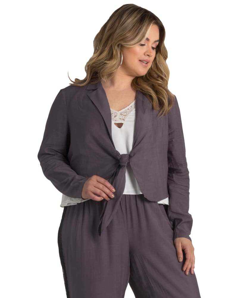 Front of a model wearing a size 1X Zora Tie Front Cropped Blazer in DARKPURPLE by Standards & Practices. | dia_product_style_image_id:280797